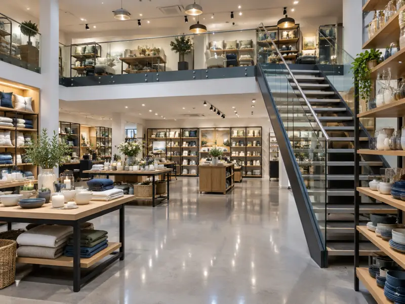 Retail store mezzanine sales floor with feature staircase and glass balustrade