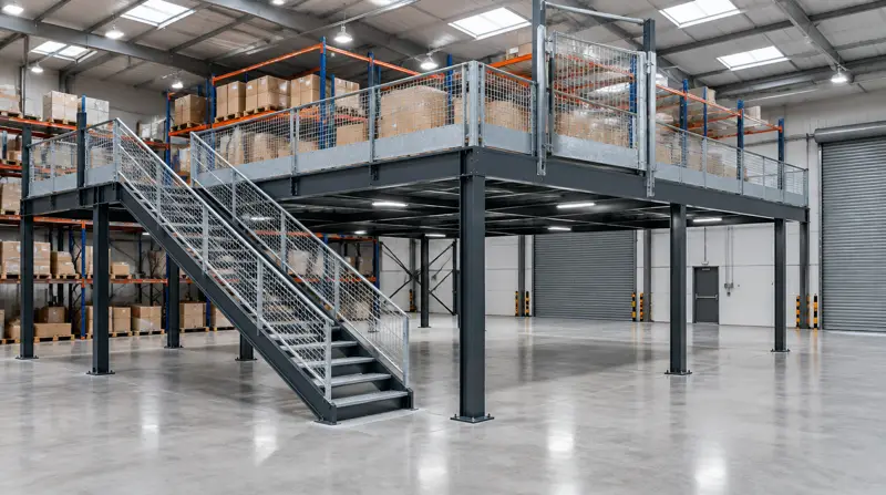 Steel mezzanine floor with staircase, handrails and pallet gate inside a warehouse