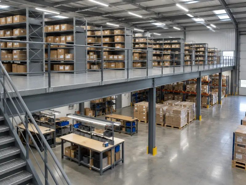 Storage mezzanine floor with shelving on the upper deck and packing benches below