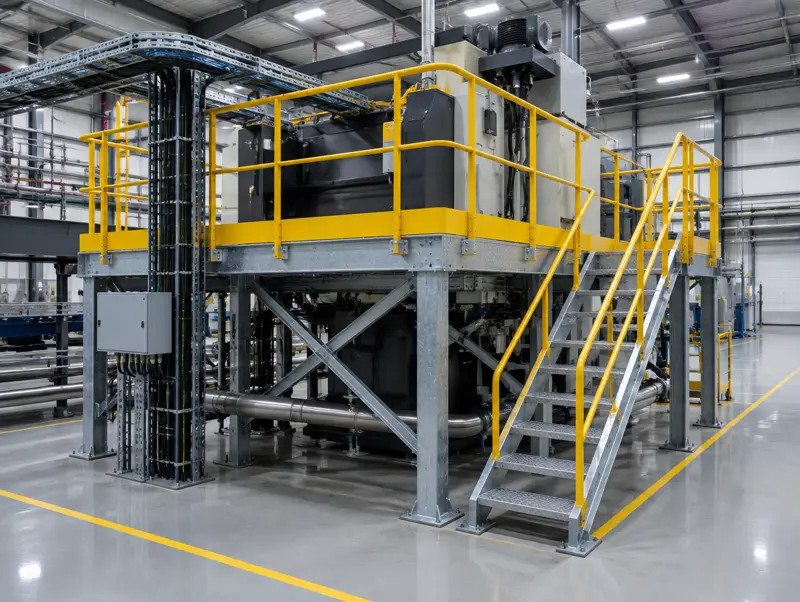 Steel chequer plate plant access platform with handrails around a factory machine