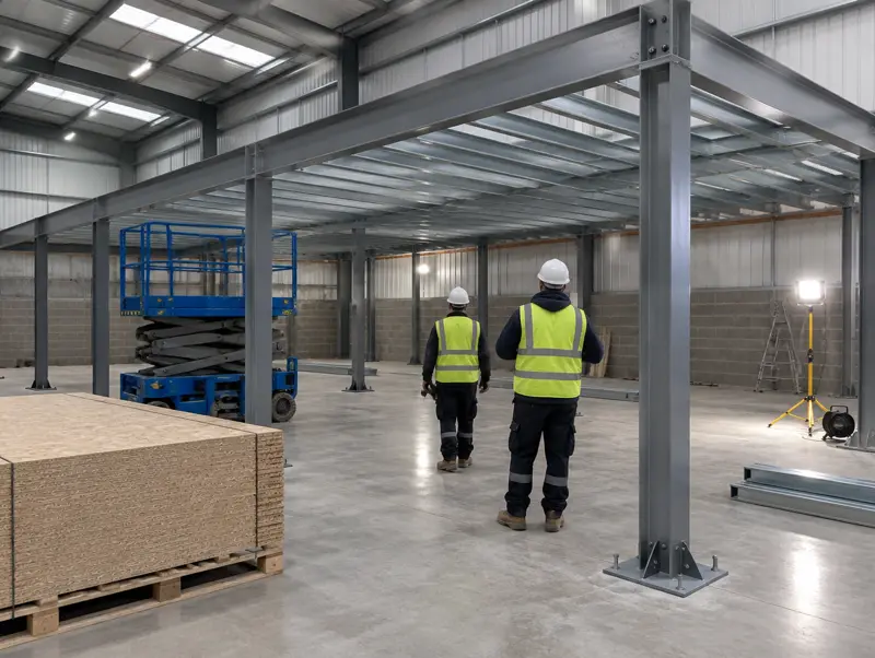 Steel mezzanine floor with staircase, handrails and pallet gate inside a warehouse