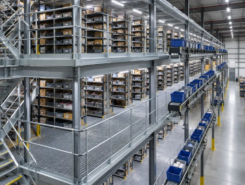 Multi-level rack-supported pick module with walkways and conveyor in a fulfilment centre
