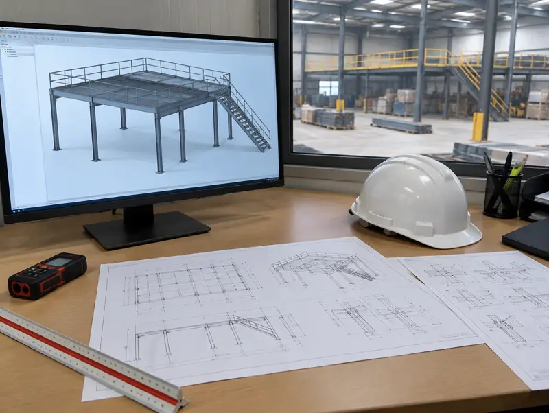 Engineer's desk with a 3D model of a steel mezzanine frame and drawings