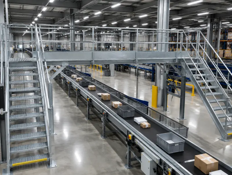 Galvanised steel walkway and crossover bridge above a conveyor line