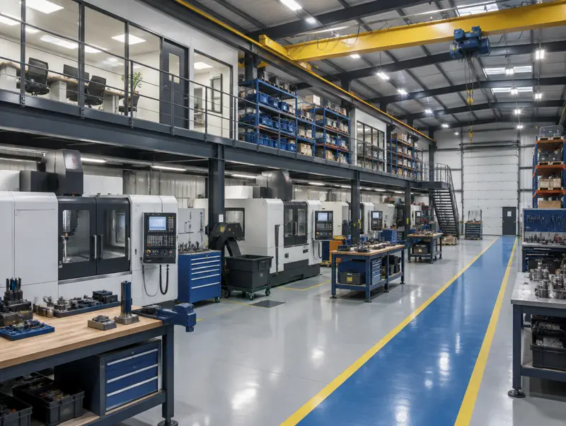 Factory with a mezzanine for offices and parts storage above the production floor