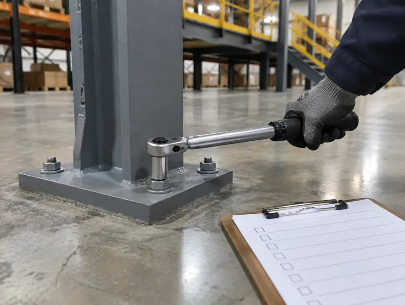 Torque wrench checking anchor bolts on a mezzanine column base plate