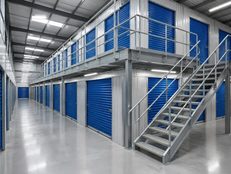 Multi-level self storage units on a steel mezzanine