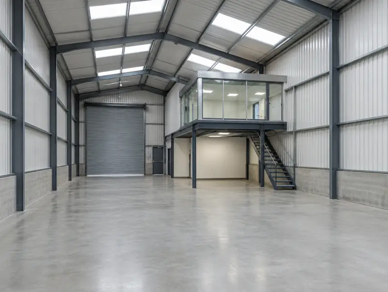 Empty industrial unit with a small mezzanine office ready to let