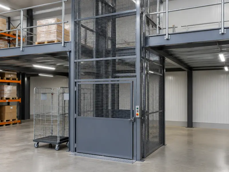 Enclosed goods lift with mesh shaft serving a steel mezzanine floor