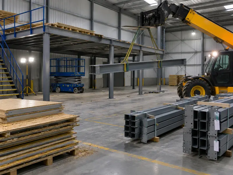 Steel mezzanine being dismantled with beams lowered and components stacked for transport