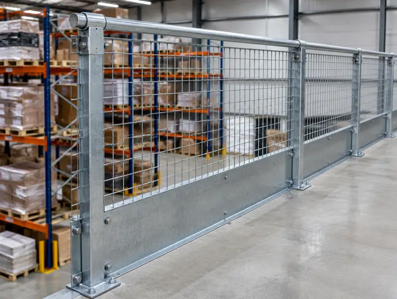 Mezzanine handrail with mesh infill and kick plate
