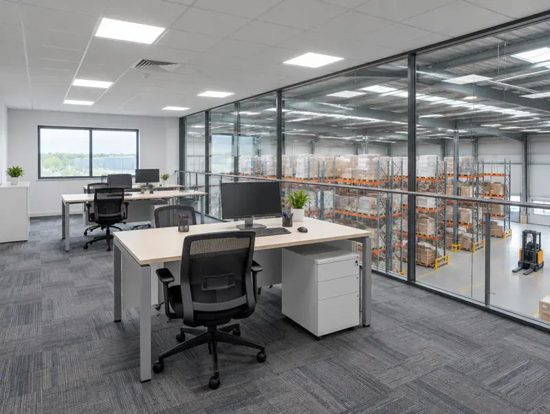 Inside a mezzanine office looking out over a warehouse