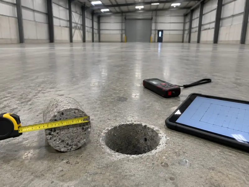 Concrete core taken from a warehouse floor slab with a tape measure