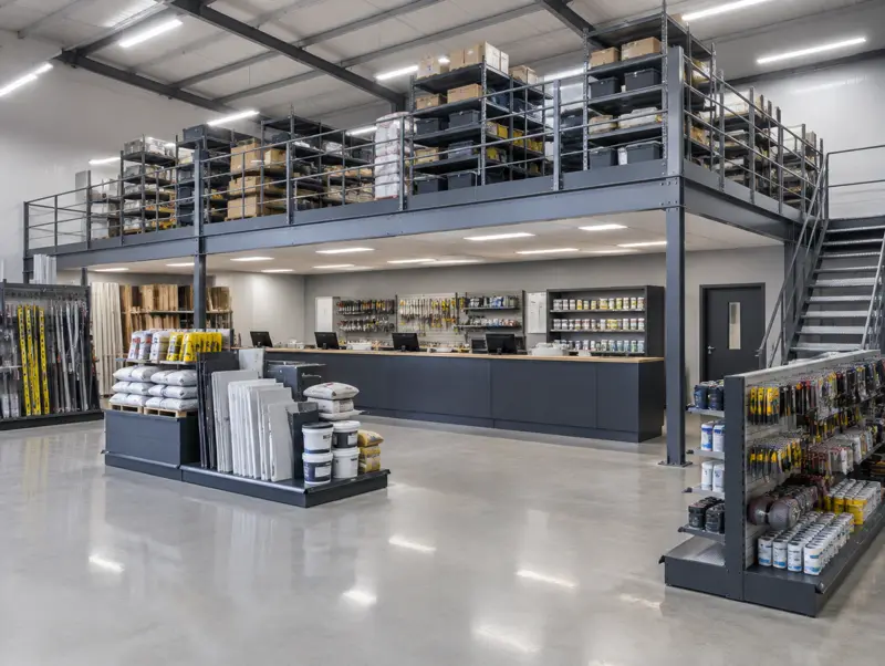 Trade counter showroom with stock storage on a mezzanine above